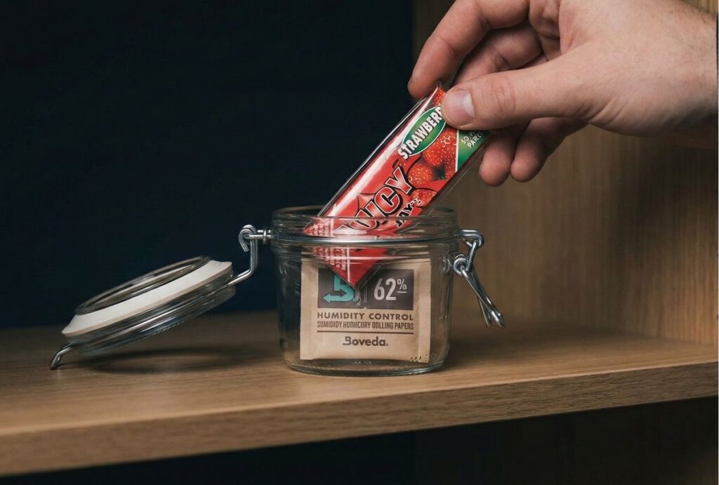 A hand placing a pack of Juicy Jay's Strawberry flavored rolling papers into a glass jar with a Boveda humidity control pack, demonstrating proper storage for rolling papers broken arrow.