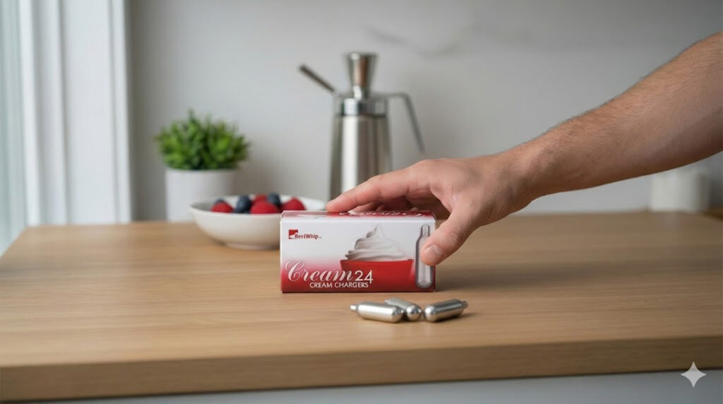 Hand reaches for a pack of Best Whip N2O whipped cream Sapulpa chargers and loose cartridges on a wooden table near a dispenser.