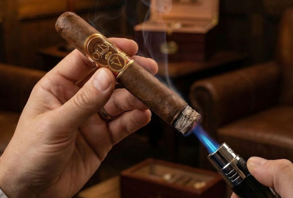 A hand uses a blue flame torch lighter to toast the foot of an Oliva Serie V cigar in a lounge, a technique often taught at a cigar shop sapulpa.