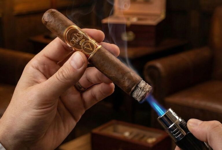 A hand uses a blue flame torch lighter to toast the foot of an Oliva Serie V cigar in a lounge, a technique often taught at a cigar shop sapulpa.