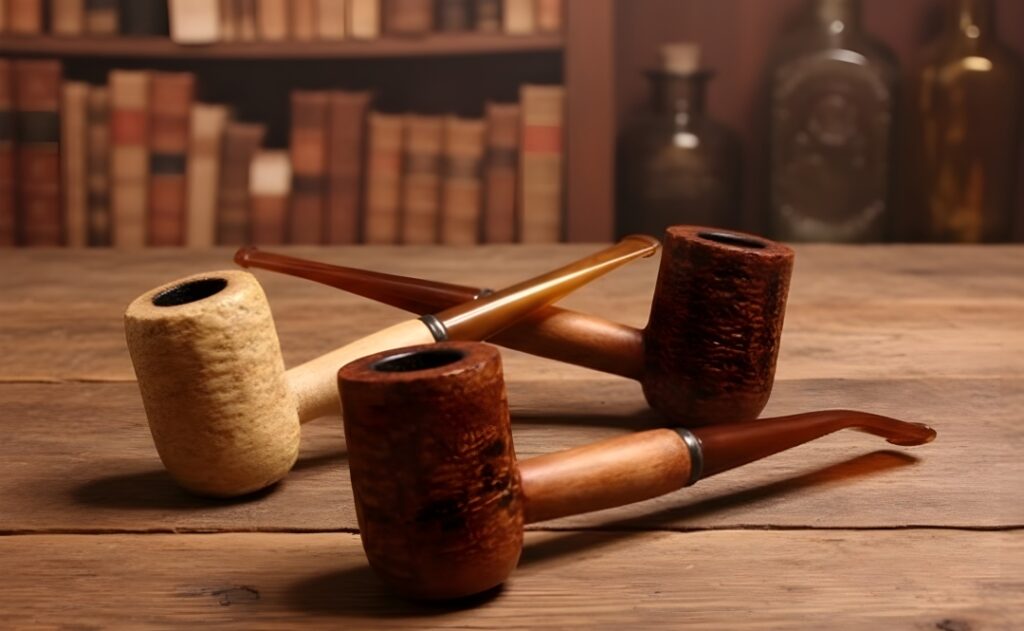 Three artisanal smoking pipes including briar and corncob styles displayed at a rustic tobacco shop Houston wood desk.