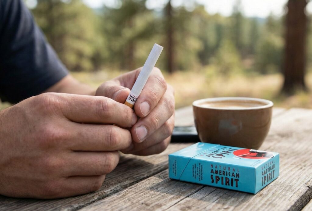 Hands holding a Natural American Spirit cigarette on a wooden table, a perfect lifestyle image for a cigarette shop Sapulpa blog.