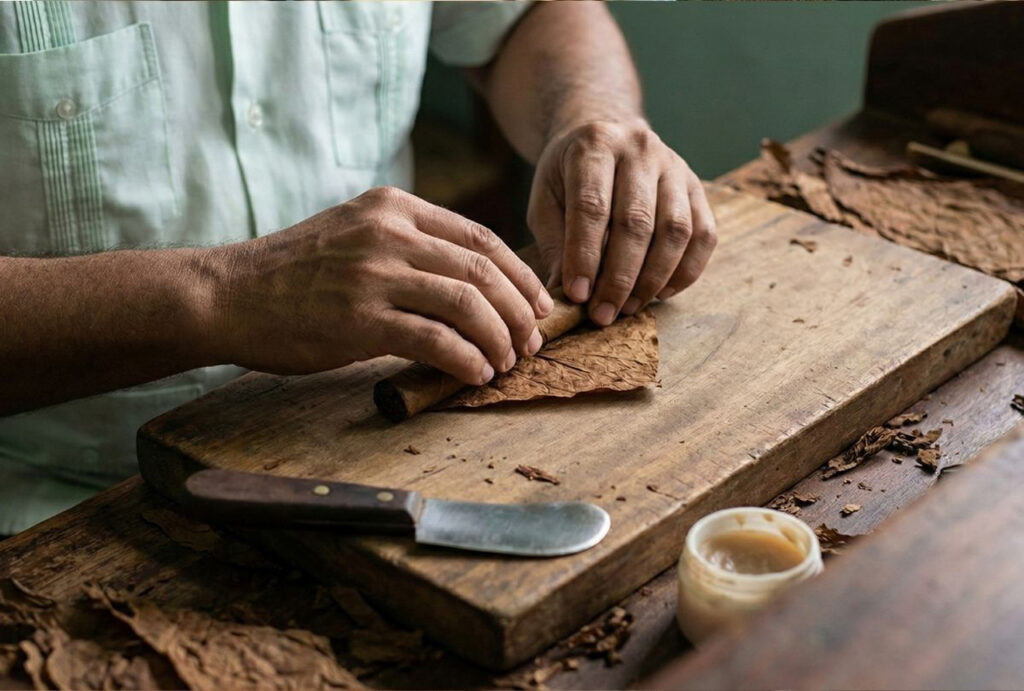 Hands rolling a fresh cigar on a wooden board with tobacco leaves, a craft seen at a cigar shop in Broken Arrow.