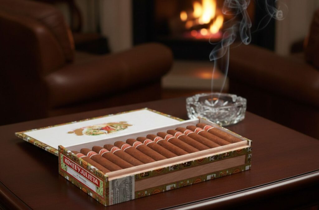 Premium Romeo y Julieta cigars in an open box at a luxury cigar shop Tulsa lounge, with a fireplace in the background.