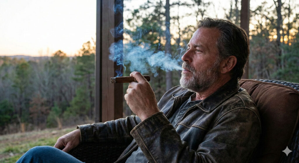 A man enjoying a premium cigar on a porch at sunset. Find your perfect smoke at a cigar store broken arrow.