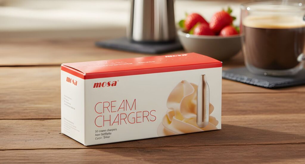 Single box of Mosa whipped cream chargers n20 Owasso on a rustic wooden table next to fresh strawberries and coffee.