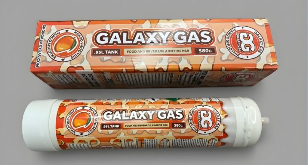 Mango Smoothie flavored n20 owasso Galaxy Gas 0.95L nitrous oxide tank and retail packaging for culinary infusion.