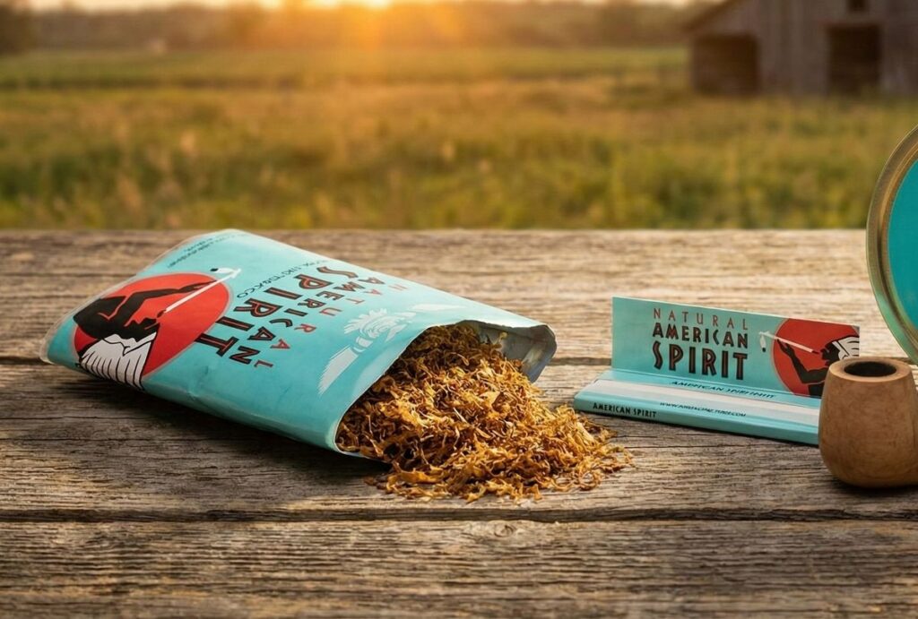 Natural American Spirit pouch, rolling papers, and a pipe on a rustic table at sunset. Find your tobacco shop broken arrow.