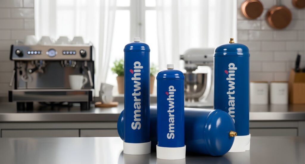 Variety of blue Smartwhip cylinders for nitrous oxide Owasso culinary uses near an espresso machine and mixer. 