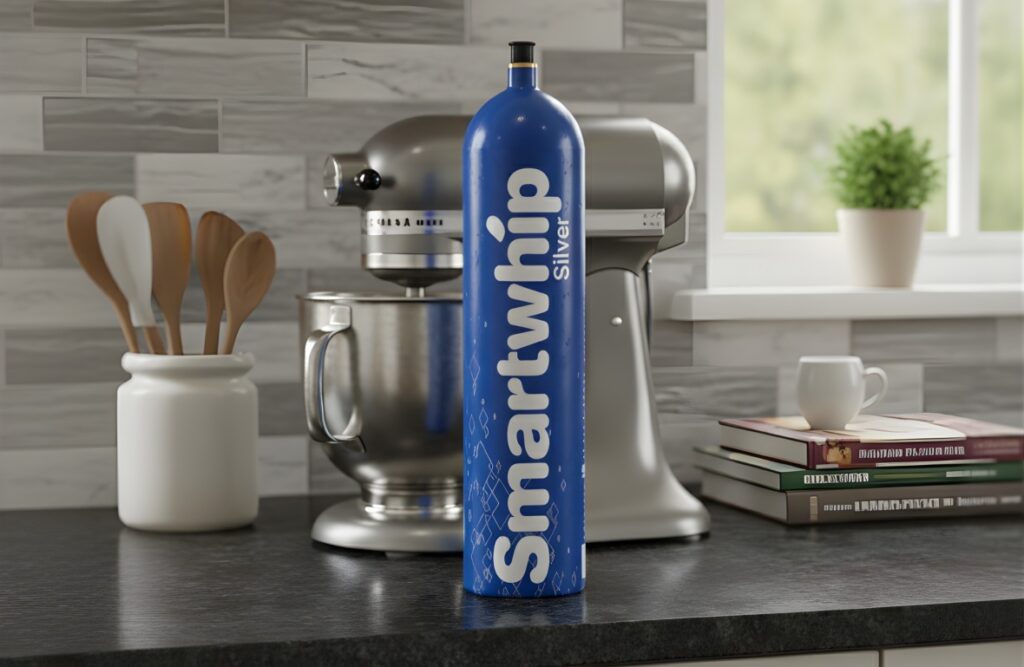 A Smartwhip Silver tank of nitrous oxide Owasso in a modern kitchen setting next to a stand mixer and books.