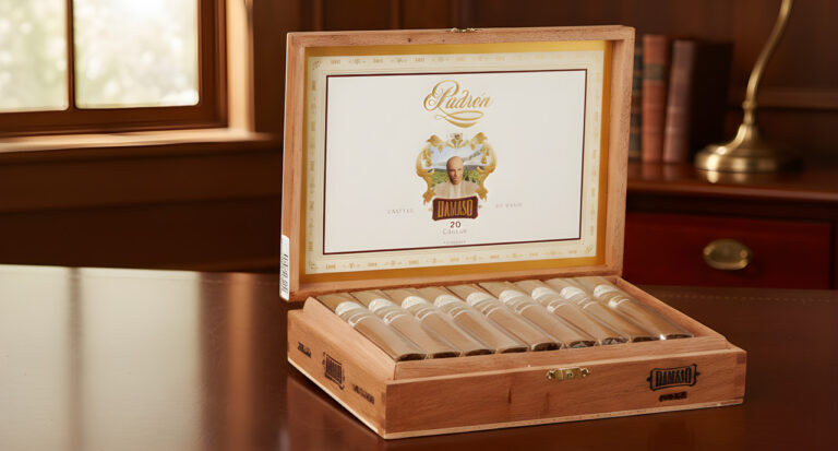 An open box of Padrón Dámaso cigars featuring a smooth Connecticut wrapper at a top-rated cigar store Houston.