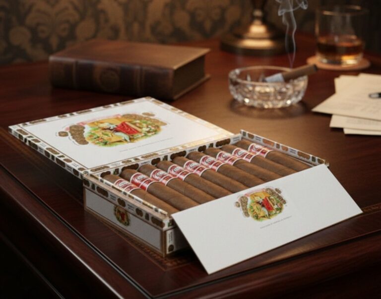 An open box of premium cigars on a wooden table, perfect for any cigar shop Tulsa enthusiast seeking quality tobacco.