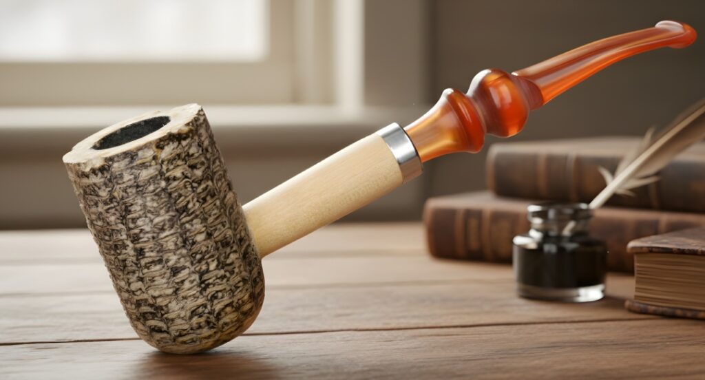 Handcrafted textured corncob pipe with a decorative amber stem near ink and books at a local tobacco shop Houston.
