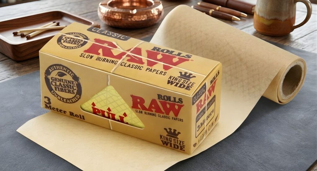 RAW Classic 3-meter rolling papers Tulsa roll box with unbleached fiber paper displayed on a professional rolling mat.