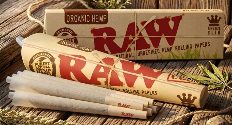 RAW organic hemp rolling papers Tulsa available in King Size Slim packs with pre-rolled cones on a rustic wood surface.