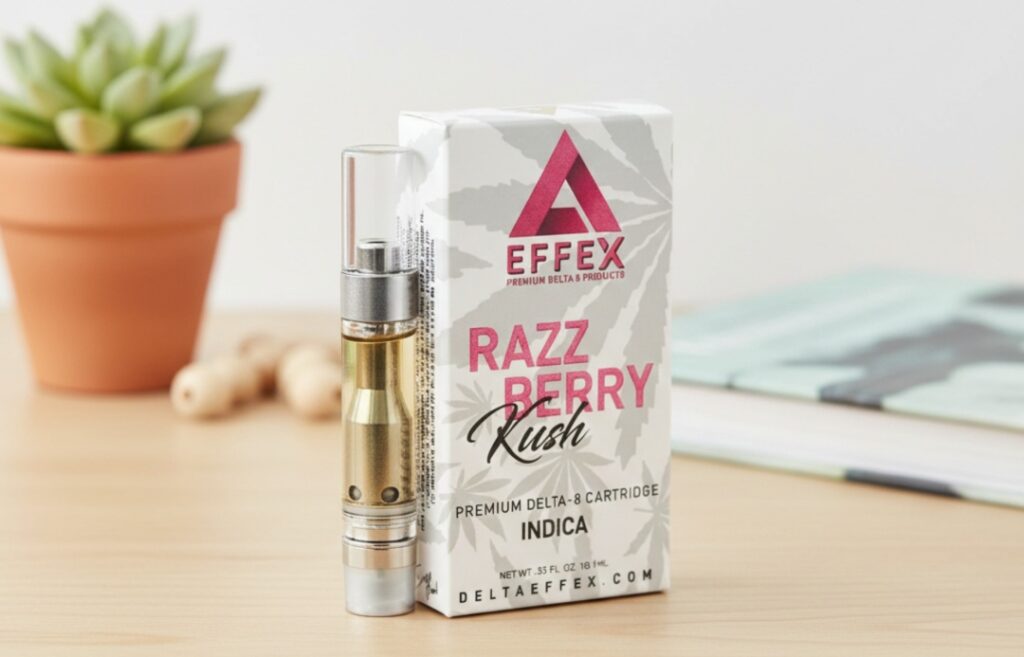 Razzberry Kush Delta 8 Indica vape cartridge by Effex, available at our premium CBD shop Tulsa location for relaxation.