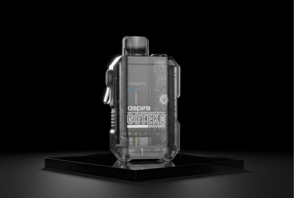 Sleek translucent Aspire Gotek X vape kit on a dark podium, showcasing premium e-cigarettes broken arrow options.