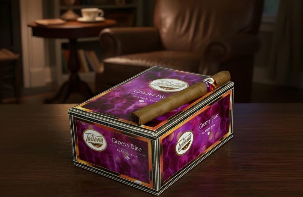 Tatiana Groovy Blue flavored cigars in a purple display box at a premium cigar store Houston lounge setting.