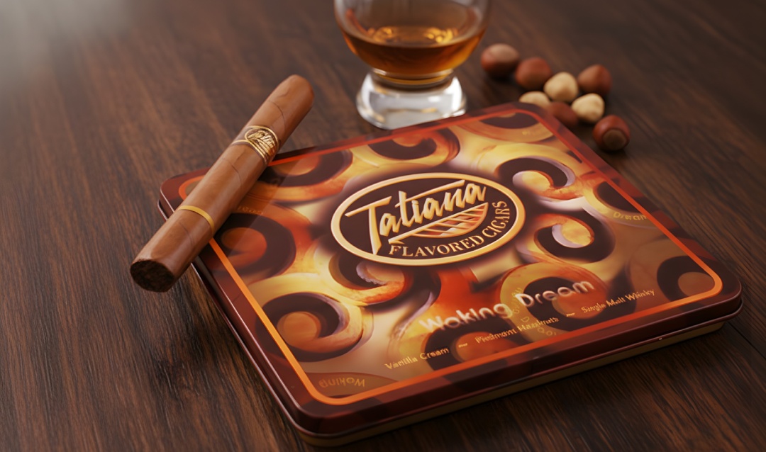 A tin of Tatiana Waking Dream flavored cigars with whiskey and hazelnuts from a top-rated cigar store Houston.