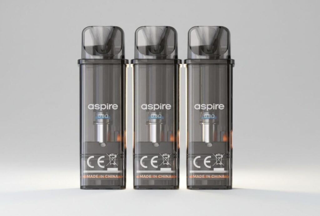 Three clear Aspire 0.8Ω replacement pods lined up, essential accessories for maintaining e-cigarettes broken arrow.