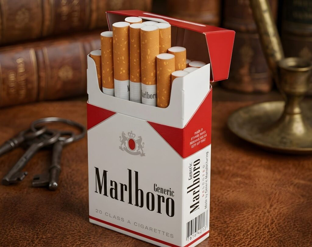 Pack of red Marlboro cigarettes on a leather desk, a classic choice found at our premier tobacco shop Tulsa location.