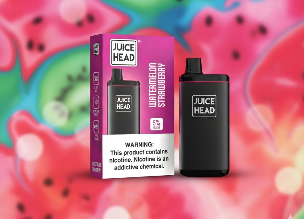 Juice Head Watermelon Strawberry disposable vape at a vape shop Houston, featuring 5% nicotine in a sleek black device.