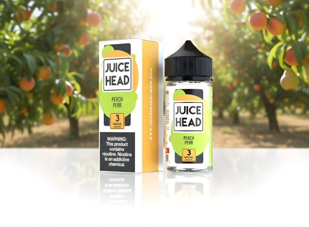 Peach Pear Juice Head e-liquid bottle and box with 3mg nicotine, available at the best-rated vape shop Houston locations.