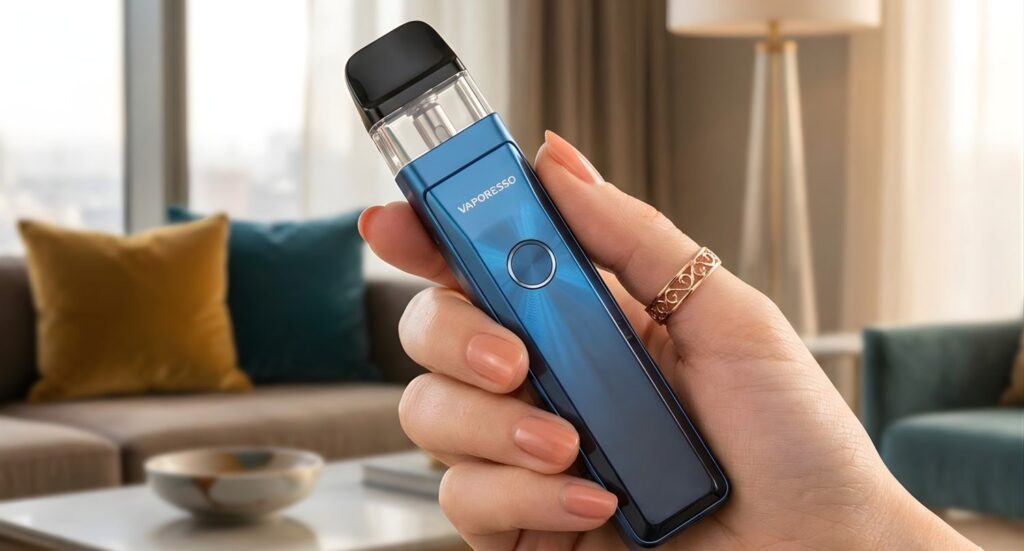 Premium blue Vaporesso luxury kit held by a customer at a vape shop Tulsa, featuring a sleek design and modern pod.