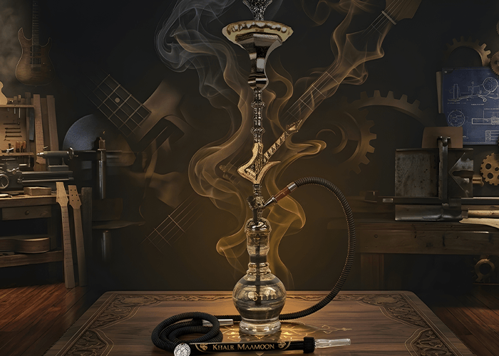 Artisan Khalil Maamoon shisha pipe in a hookah shop Houston workshop surrounded by guitars and vintage tools.