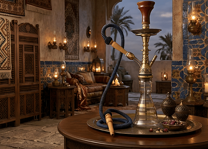 Traditional hookah shop Houston lounge with ornate decor, blue tiles, and a classic shisha pipe on a wooden table.