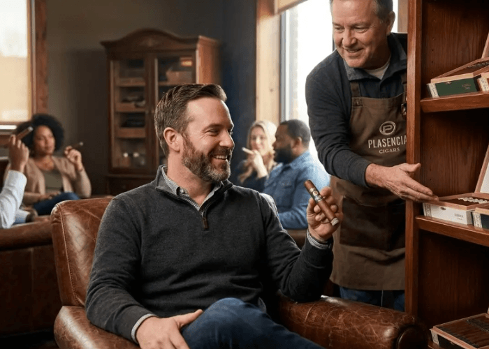 Candid moment of a happy customer receiving a Plasencia cigar recommendation at a Tulsa cigar shop.