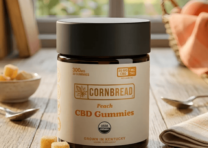 USDA organic peach CBD gummies from Cornbread Hemp, a top-rated product found at your local CBD shop Tulsa storefront.