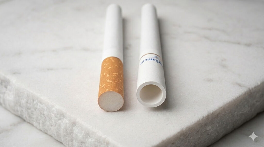 Comparing standard cork filter with Parliament recessed filter technology, seen at our cigarette shop tulsa.