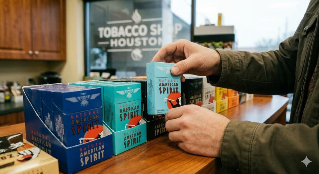 A customer select a pack of Natural American Spirit cigarettes from a display inside a tobacco shop Houston.