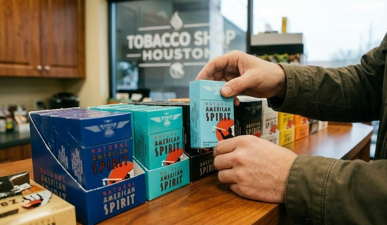 A customer select a pack of Natural American Spirit cigarettes from a display inside a tobacco shop Houston.