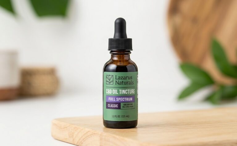 A detailed bottle of Lazarus Naturals full spectrum CBD oil tincture, a reliable product found at our cbd store owasso.