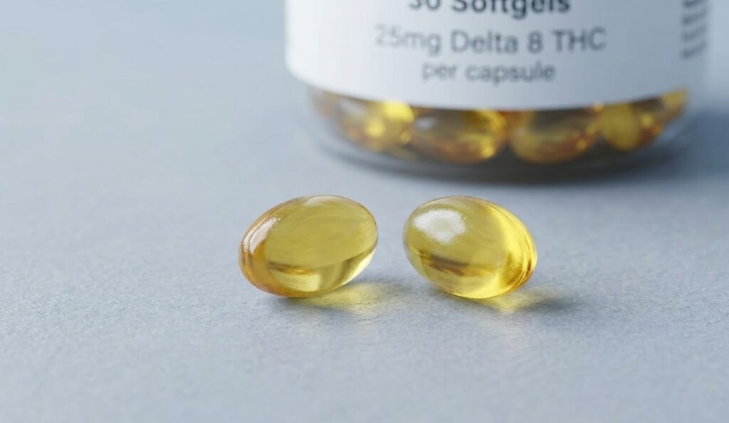 A detailed close-up of the fast-absorbing Farma Barn Delta 8 softgel capsules from our delta 8 store broken arrow.