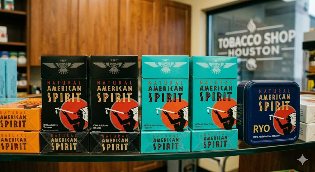 A display showing American Spirit Perique and Organic cigarette packs in a tobacco shop Houston