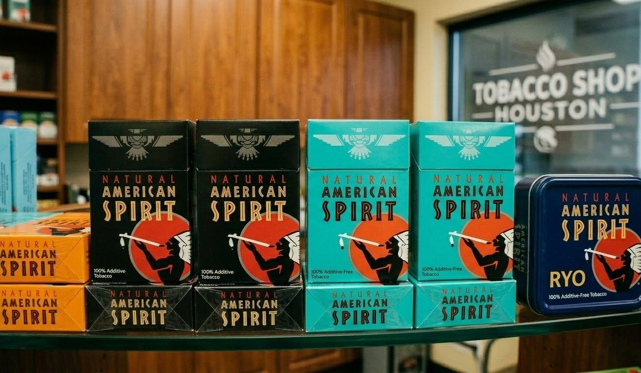 A display showing American Spirit Perique and Organic cigarette packs in a tobacco shop Houston.