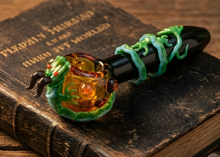 Mythical emerald green dragon wrapped around custom glass pipes Tulsa displayed on a vintage book for collectors.