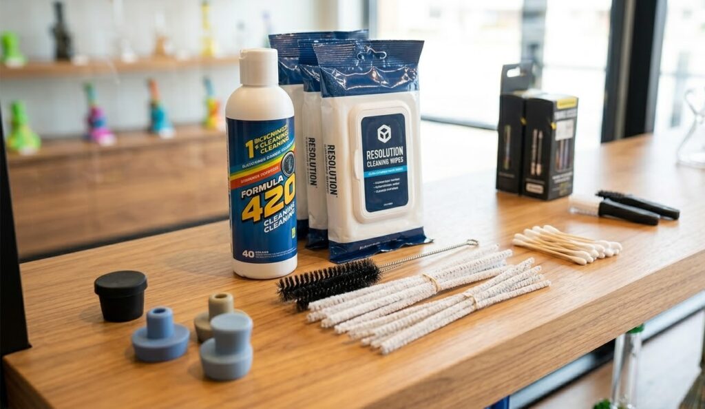 Essential glass cleaning supplies and maintenance kits on display at a premier smoke store Sapulpa retail counter.
