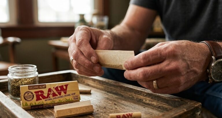 Experienced hands roll a custom smoke using RAW natural unbleached rolling papers Tulsa.