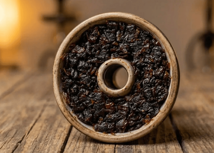 Expertly packed dark molasses in a stoneware phunnel hookah bowl on a rustic table, from a quality shisha store broken arrow.