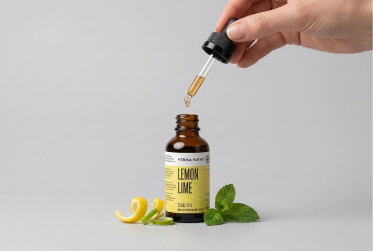 Hand holding a dropper with Verma Farms Lemon Lime CBD Oil over a bottle with mint and zest. Shop at your CBD store Owasso.