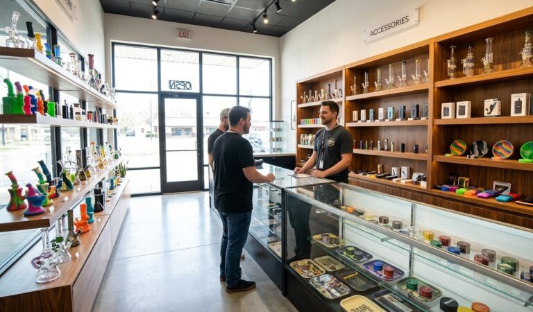 Inside a fully stocked smoke store Sapulpa, showcasing displays of glass pipes, vaporizers, and essential accessories.