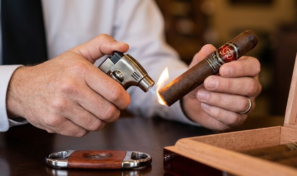 Lighting a premium cigar with a torch lighter. Get expert advice and great selections at our local cigar shop tulsa.