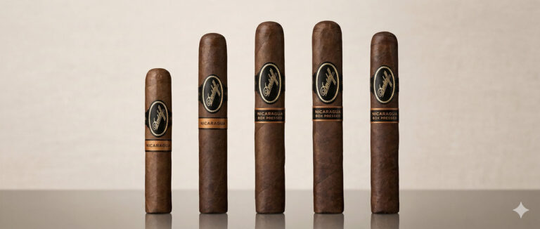 A lineup of five Davidoff Nicaragua Box Pressed cigars. Visit our cigar shop broken arrow for these premium sticks.