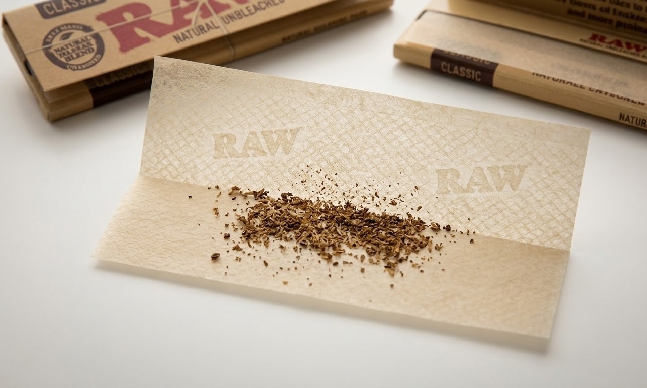 Macro shot of natural hemp fibers in a RAW rolling paper Tulsa, showing unbleached quality.