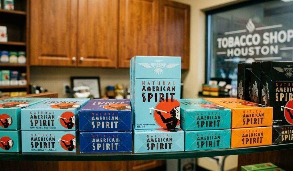 Multiple packs of additive-free Natural American Spirit cigarettes displayed on a retail shelf in a tobacco shop Houston.