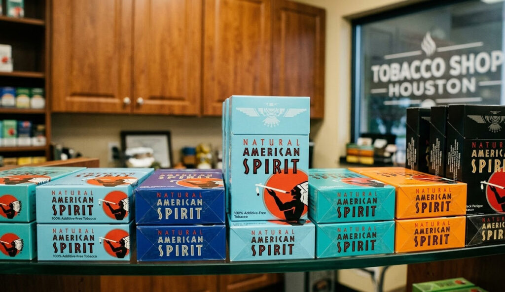 Multiple packs of additive-free Natural American Spirit cigarettes displayed on a retail shelf in a tobacco shop Houston.